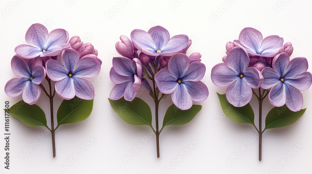 Obraz premium Lilac flowers arrangement with vibrant petals and green leaves on a clean white background for floral design and decoration concepts.