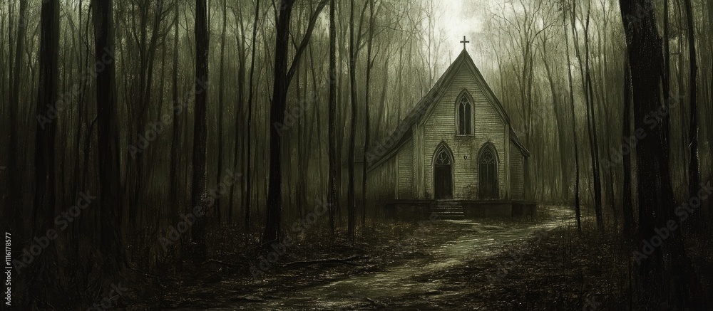 Fototapeta premium Mysterious church nestled in eerie foggy forest creating an atmosphere of solitude and intrigue perfect for supernatural themes