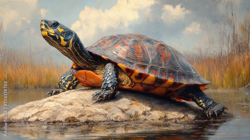 Western Painted Turtle basking on a rock in a serene wetland setting showcasing vibrant colors and natural habitat details. Western Painted Turtle basking on a rock in a serene wetland setting showcasing vibrant colors and natural habitat details.