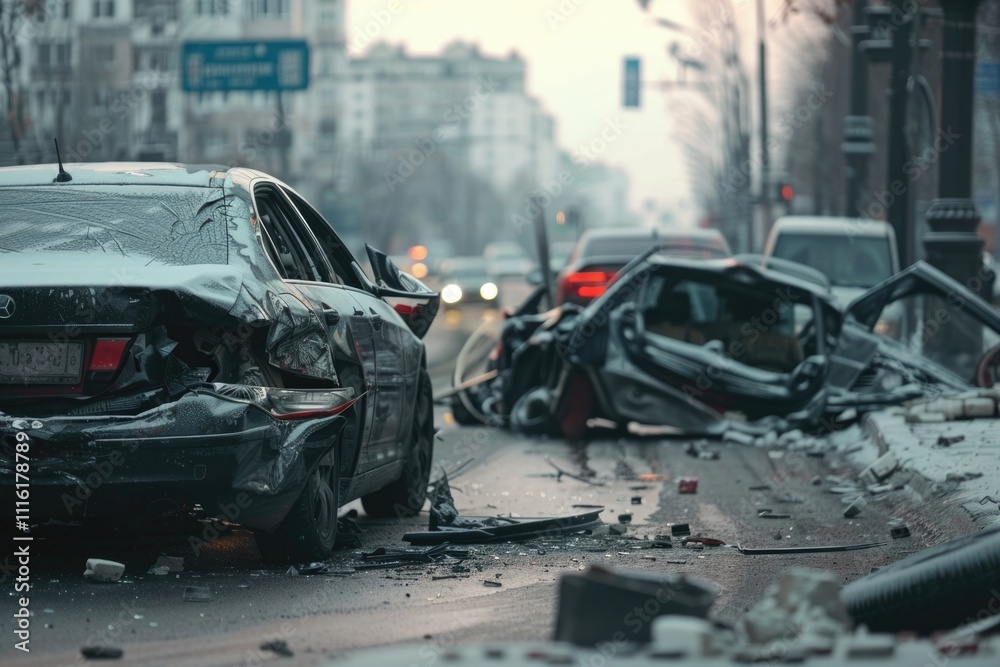 Obraz premium City street car crash causes vehicle damage.