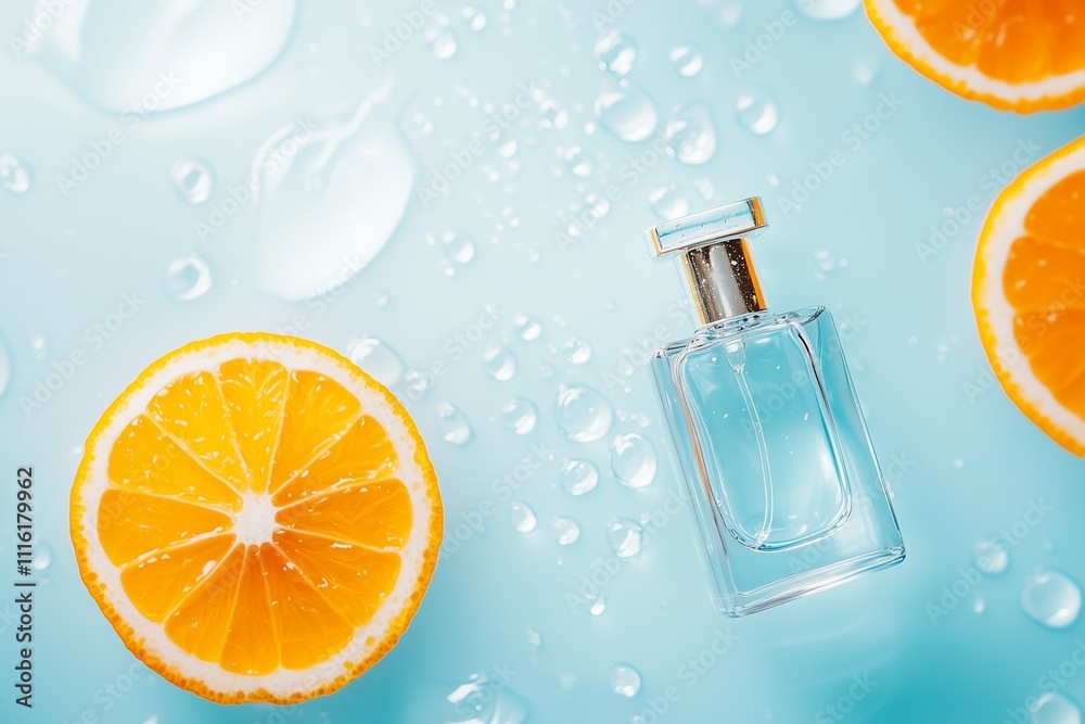 A bottle of perfume with mandarin fruit and flowers A bottle of perfume with mandarin fruit and flowers