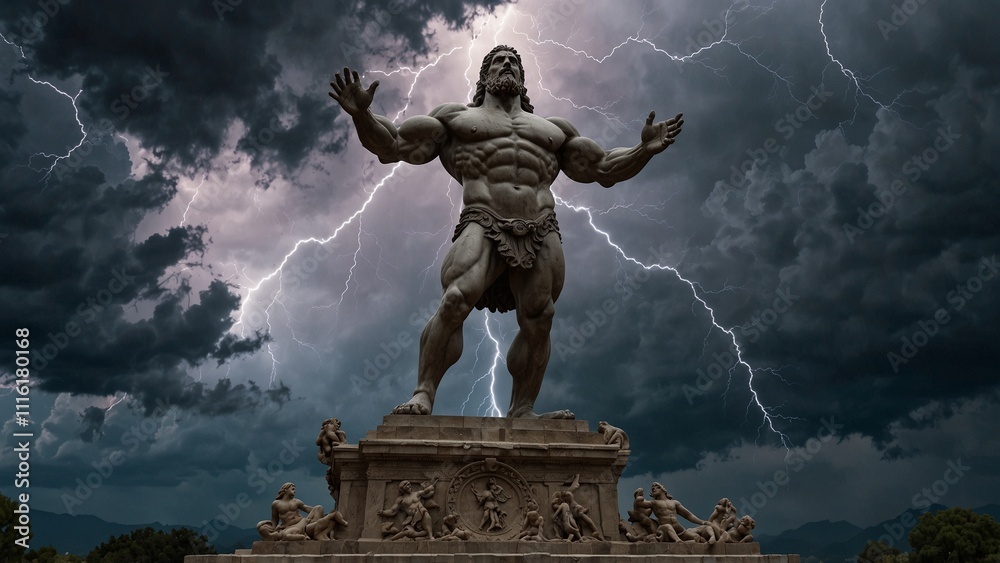 Statue of a Titan of Mount Olympus, raising the heavens and earth with both hands, surrounded by lightning and storms, with a backdrop of the great battle between the heavens and earth, with carvings 