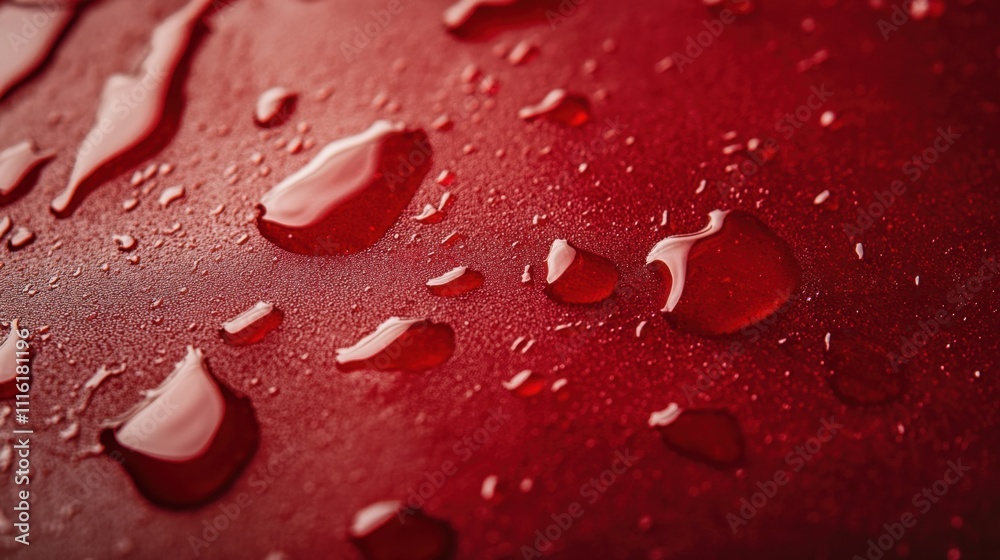 Fotografie Water droplets scattered on a red surface