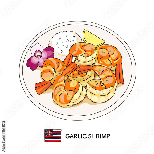 ハワイ料理＿ガーリックシュリンプの線画のイラスト