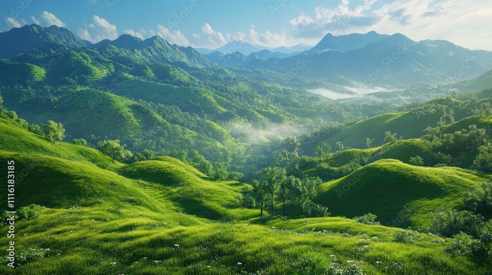 Obraz premium Lush green hills create a stunning backdrop with a captivating mountaintop view, offering a perfect blend of natures beauty and serenity. Lush green hills invite exploration and tranquility.
