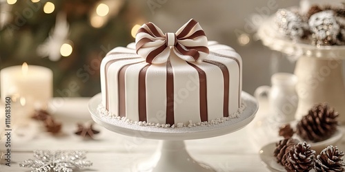 A cake elegantly presented on a pedestal, adorned with a ribbon bow, perfect for festive winter celebrations. This cake symbolizes joy and festivity in the winter season.
