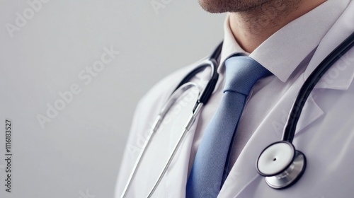 Handsome doctor man with a stethoscope, captured in a clean, isolated setting on white. This handsome doctor embodies professionalism and care in the medical field. Copy space available. photo