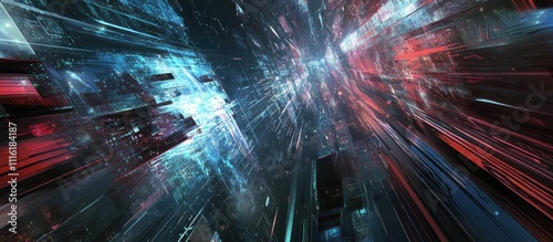 Futuristic digital technology background with vibrant light streaks and abstract geometric shapes representing online media and connectivity concepts