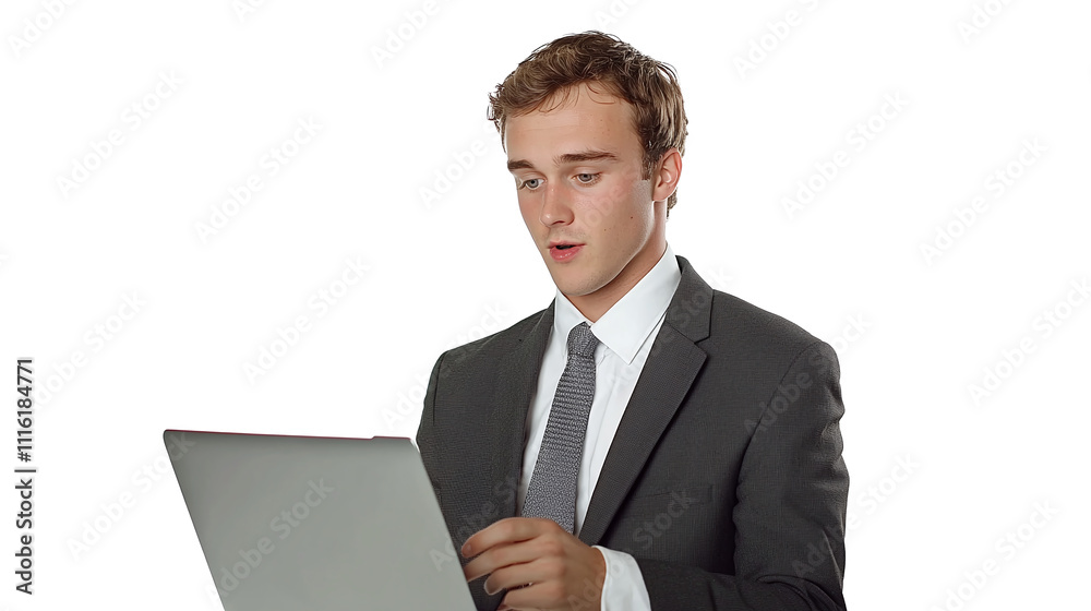 A male business analyst in a tailored suit, working on a laptop, with a white background A male business analyst in a tailored suit, working on a laptop, with a white background