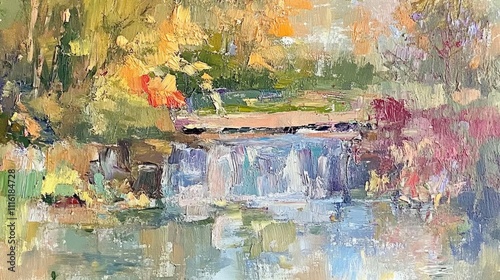 "Vibrant waterfall cascading into a tranquil channel surrounded by autumn foliage and soft reflections on the water surface, nature, landscape, serene environment."