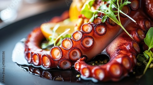 Gourmet meal presented with delicately cooked octopus tentacle, accompanied by fresh microgreens, in an elegant fine dining setting with ample photo style copy space. photo