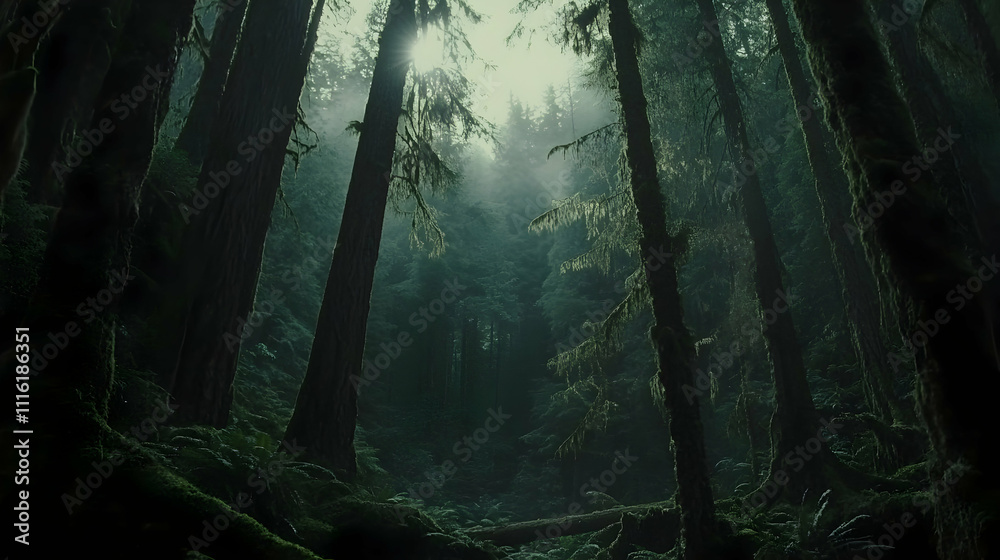 Fototapeta premium Majestic sunbeams pierce a dense, mossy, old-growth forest.