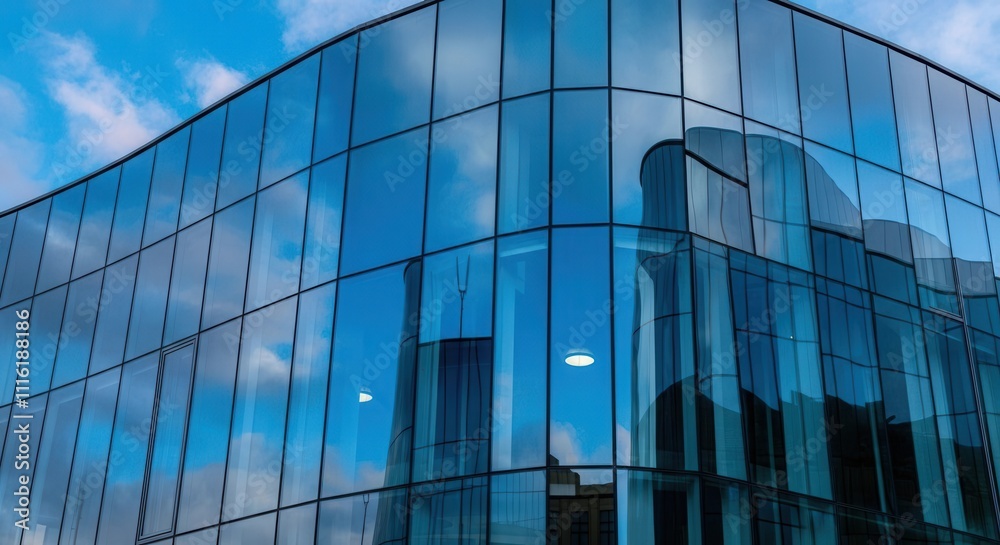 Fototapeta premium Modern glass office building reflecting blue skies clouds