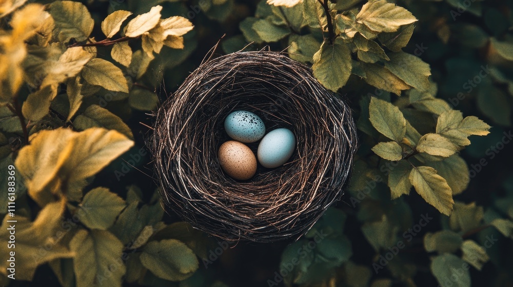 Beautiful photo of a bird laying eggs in nests, highlighting the natural elements and minimalist design, complemented by ample copy space for added creativity.