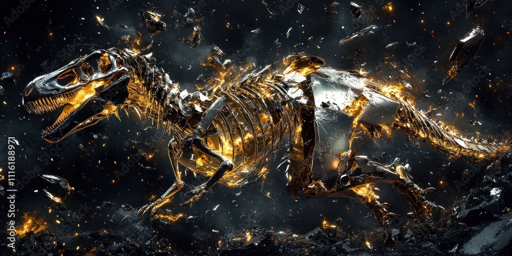 Fiery Metallic Tyrannosaurus Rex Skeleton Explodes Fiery Metallic Tyrannosaurus Rex Skeleton Explodes