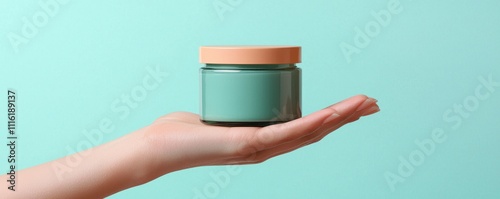 A hand holds a small jar with a wooden lid against a soft mint green background, showcasing a minimalist beauty or skincare product.