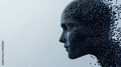 Fototapeta Naklejka Na Ścianę i Meble -  Disintegrating digital human head profile, abstract concept.