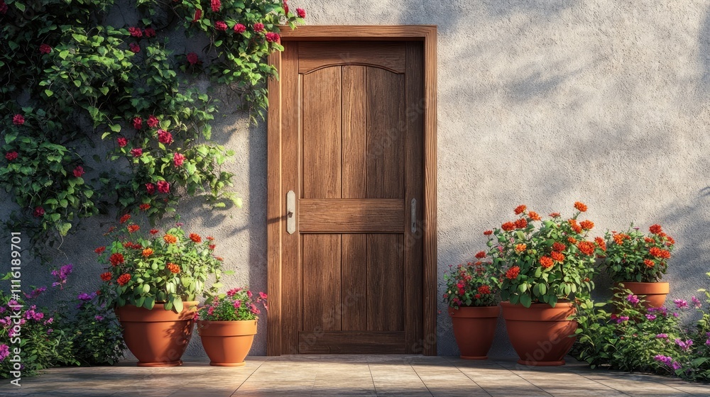 Fototapeta premium Charming wooden door framed by vibrant flower pots in front, creating a welcoming atmosphere. The wooden door stands out beautifully, offering a perfect photo style with ample copy space.