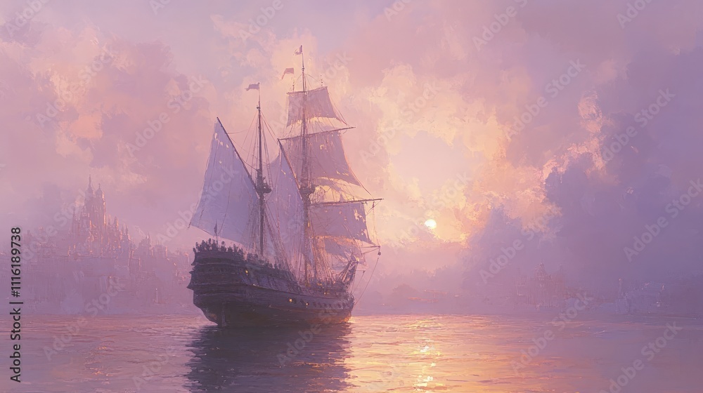 Fototapeta premium Sailing ship sunset cityscape calm waters.