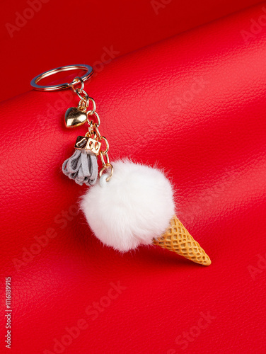 Close up of cute keychain in ice cream video with pompom  on a red background