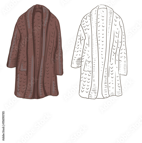 Cardigan knitted long brown hand drawn clothing fashion warm clothes autumn winter seasonal style cartoon and graphics outline