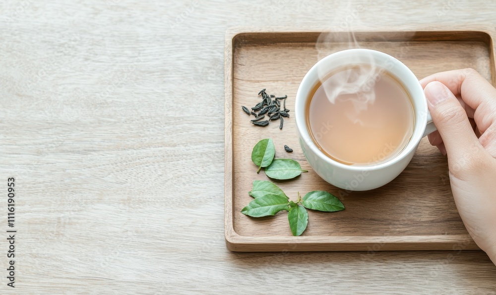 A steaming cup of tea with mint leaves on a wooden tray, showcasing a cozy and inviting atmosphere. A steaming cup of tea with mint leaves on a wooden tray, showcasing a cozy and inviting atmosphere.