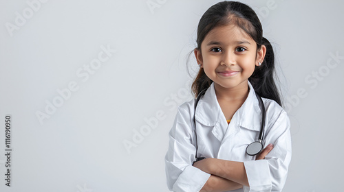 A young desi girl wearing a doctor's uniform on a white background