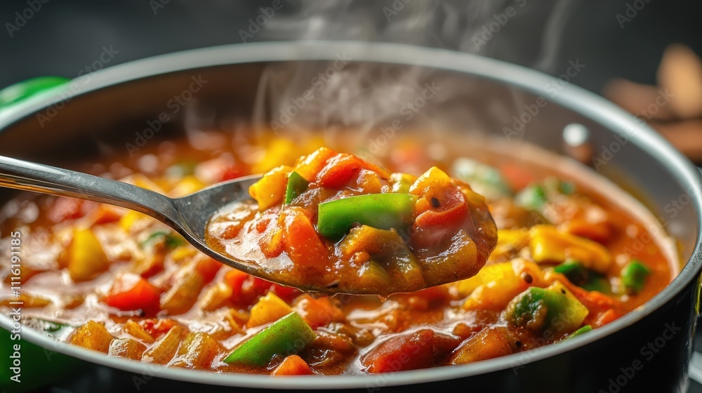 A steaming pot of colorful vegetable stew being served with a spoon, showcasing vibrant ingredients and rich textures. A steaming pot of colorful vegetable stew being served with a spoon, showcasing vibrant ingredients and rich textures.