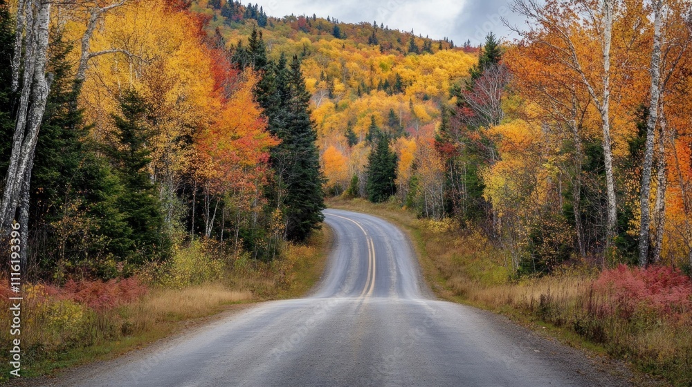 Fototapeta premium Autumnal Road Winding Through a Colorful Forest
