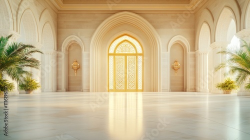 A golden door with Arabic patterns inside an Arabic palace, luxury design architecture