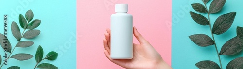 A hand holds a pale green bottle against a pink and teal background, surrounded by green leaves, suggesting a fresh and natural aesthetic.