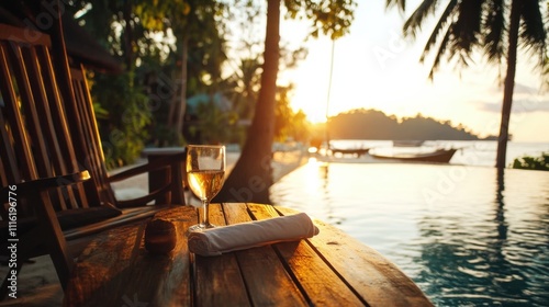 Tropical sunset view with a wooden table, wine glass, and poolside setting near the ocean, AI photo