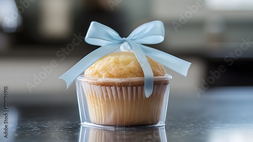 A minimalist image of a cupcake in a clear plastic box tied with a pastel ribbon, sitting on a sleek countertop. photo