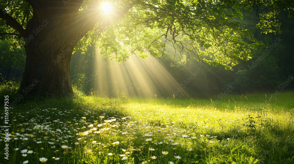 Obraz premium Sunbeams filter through lush green tree, illuminating meadow filled with wildflowers, creating serene and peaceful atmosphere