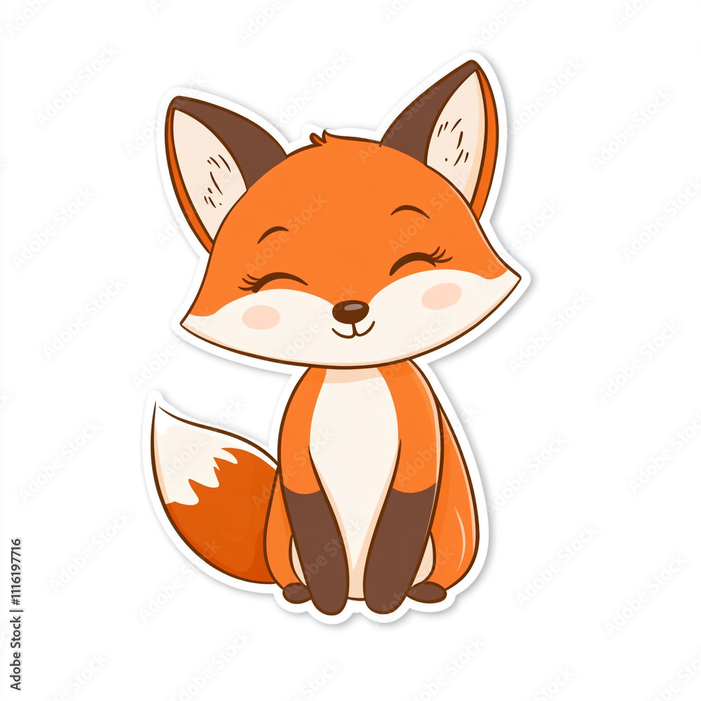 Obraz premium A cute cartoon fox is sitting on a white background. The fox has a big smile on its face. 
