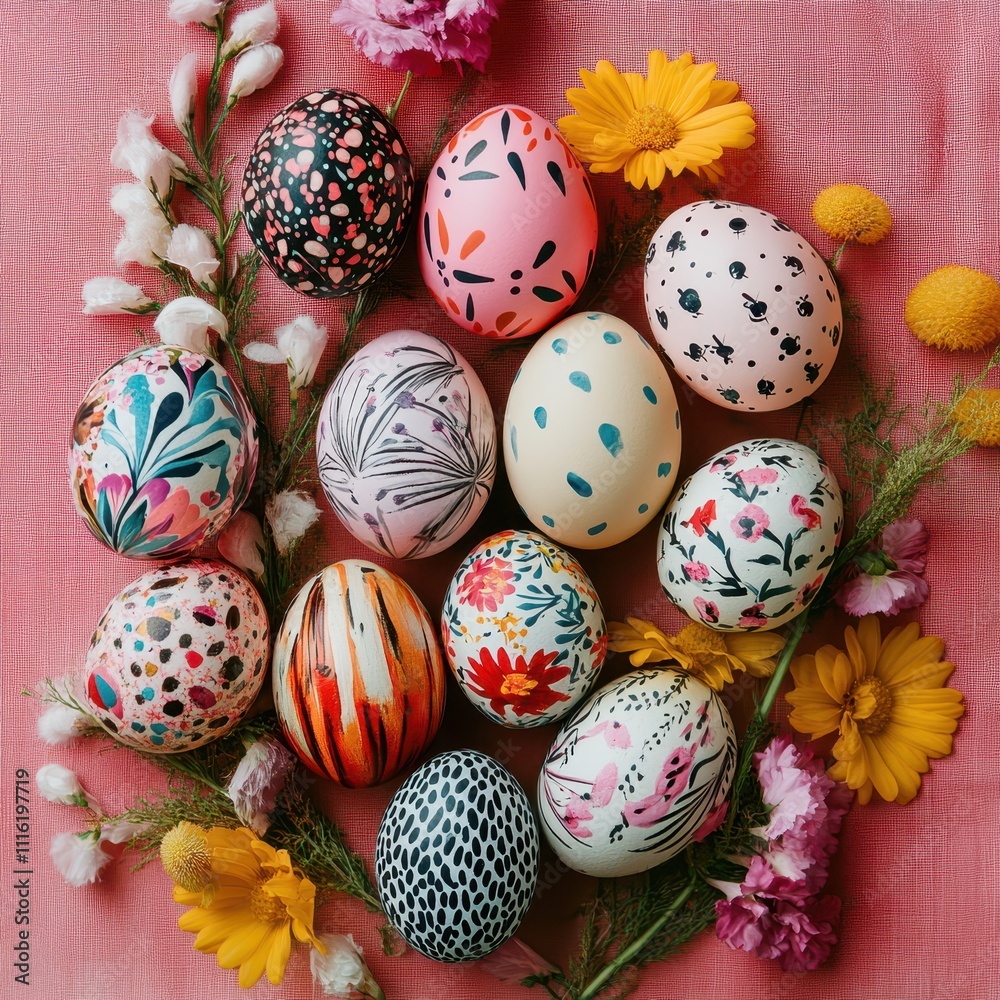 Obraz premium Festive Easter egg designs, bold patterns, spring florals, arranged in a creative flat lay.