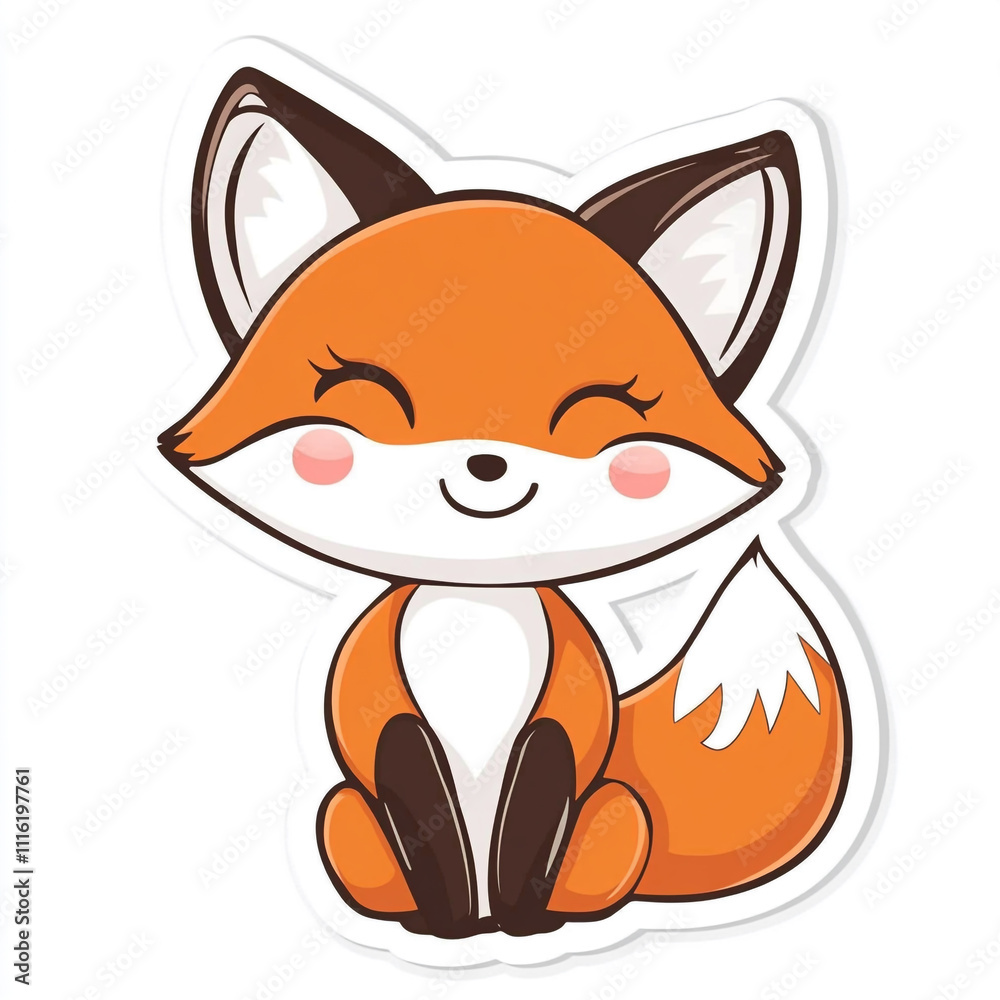 Fototapeta premium A cute cartoon fox is sitting on a white background. The fox has a big smile on its face. 