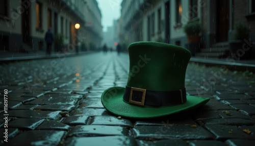 Leprechaun hat on a cobblestone street in a foggy evening atmosphere photo