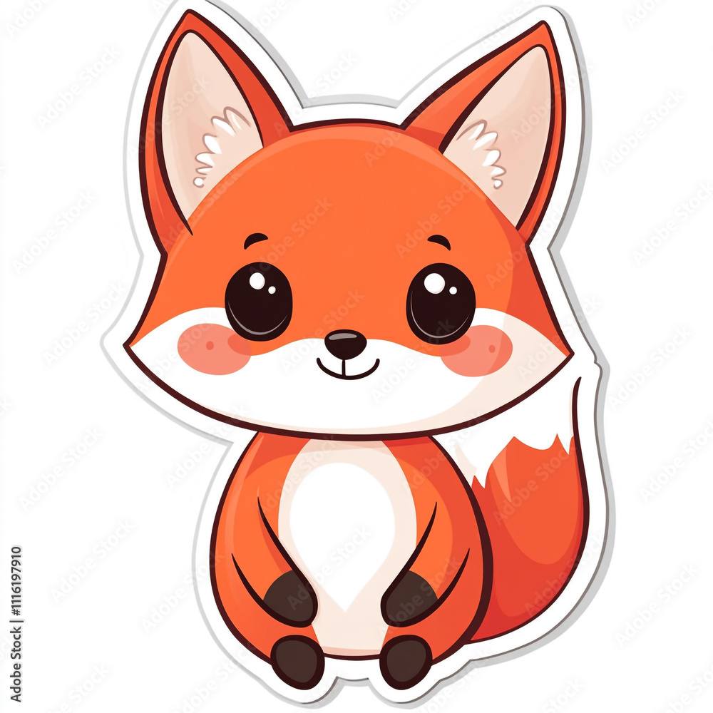 Obraz premium A cute cartoon fox is sitting on a white background. The fox has a big smile on its face. 