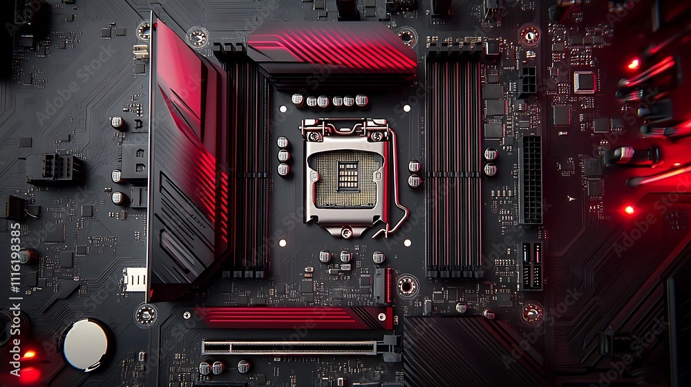 Fototapeta premium Black and Red Motherboard with CPU Socket