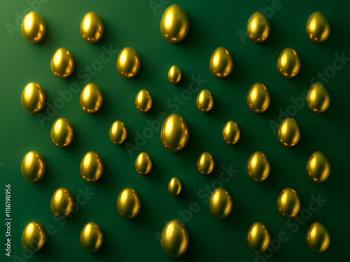 Background with golden eggs on a green background in a geometric pattern. For creating gorgeous Easter cards and greetings, decorating holiday banners and posters. photo