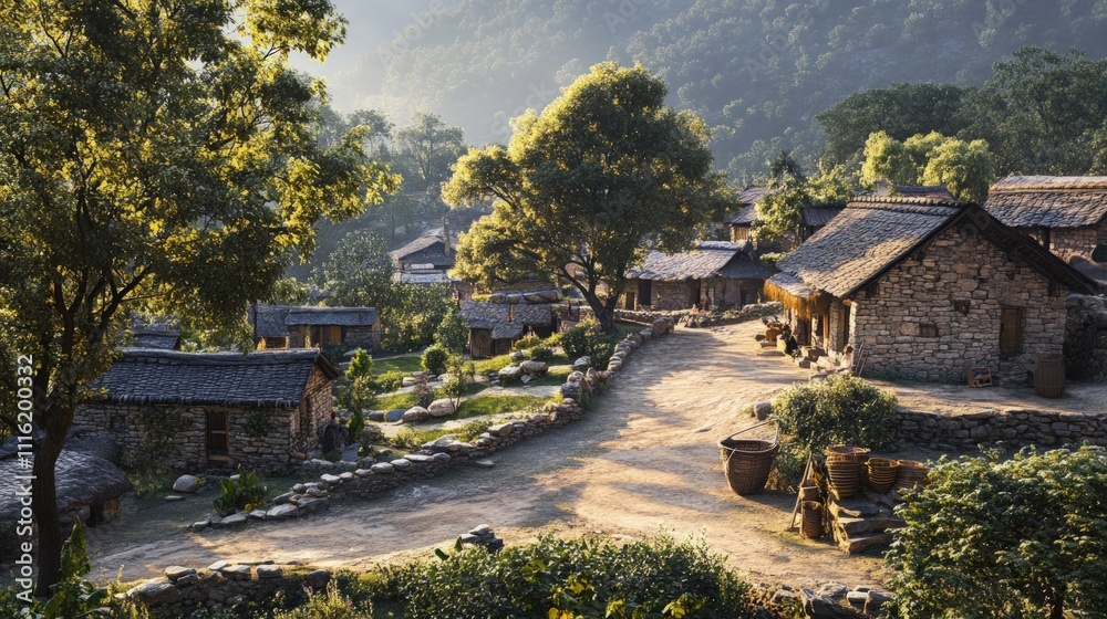 Fototapeta premium Stone village nestled in sun-dappled hills.