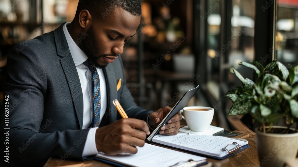 Fototapeta premium A well-dressed man focuses intently on writing notes in a cafe. He sits at a table with a cup of coffee and a small plant, showcasing a productive atmosphere during daytime