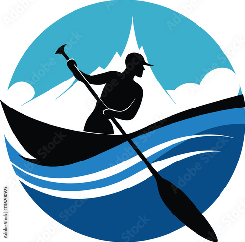Canoe slalom icons vector. Emblem of athlete in kayak paddling and navigating through waves and slalom gates.