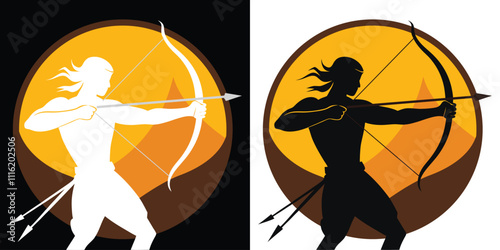 Archery sport silhouette icon vector. Black and white vector silhouette of a archer aiming a bow And arrow.