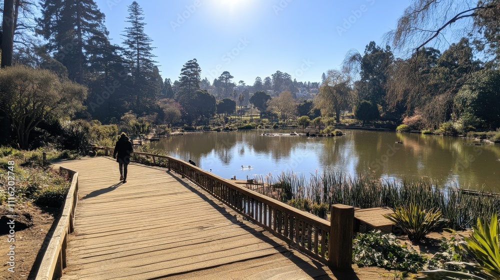 Obraz premium Tranquil Lakeside Stroll: A Peaceful Moment Amidst Nature's Embrace