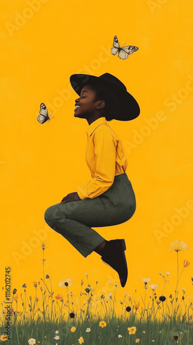 Child leaping with joy among flowers and butterflies on a vibrant yellow background, evoking freedom, happiness, and connection to nature.