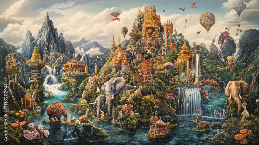 Fototapeta premium A Whimsical Journey Through a Lush, Golden City