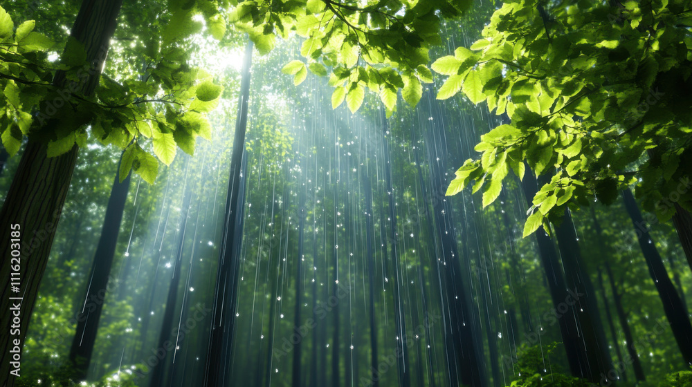 Fototapeta premium serene forest during rainfall, with droplets hitting leaves and sunlight filtering through trees, creating tranquil atmosphere