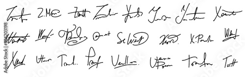 Set vector handwritten signature. Fake autograph in different handwriting. A few symbols are included among the handwritten names.